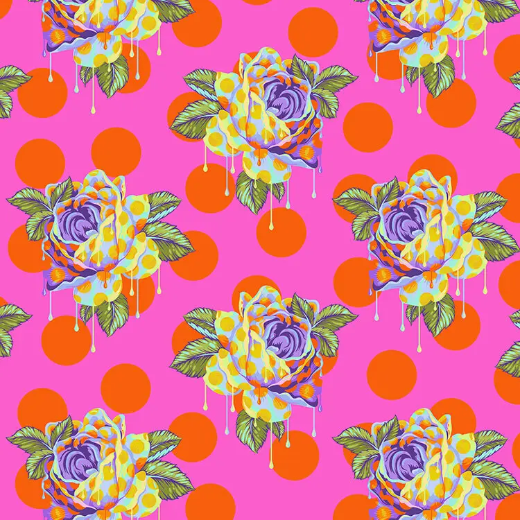 TISSU PATCHWORK 50 x 110 cm CURIOUSER AND CURIOUSER DE TULA PINK painted roses-daydream