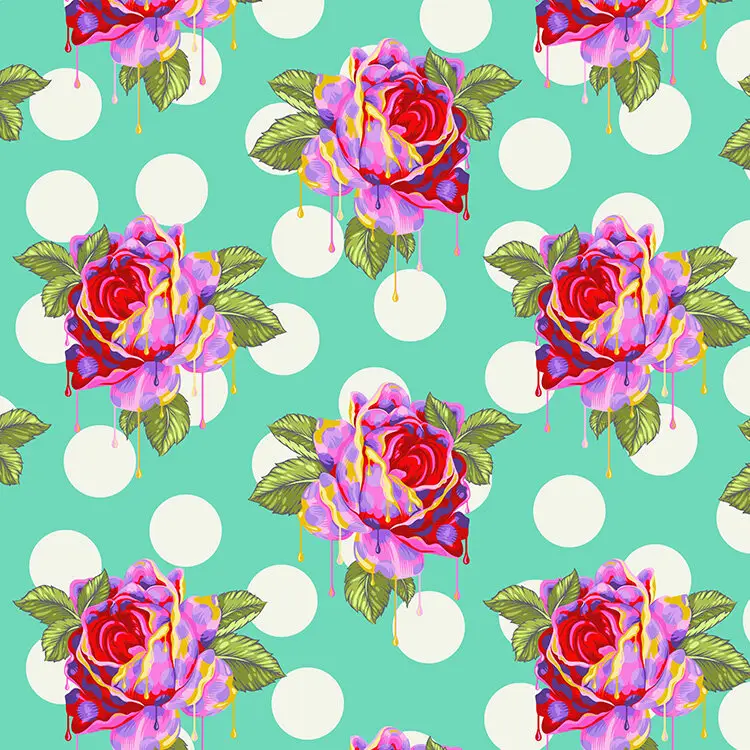 TISSU PATCHWORK 50 x 110 cm CURIOUSER AND CURIOUSER DE TULA PINK painted roses-wonder